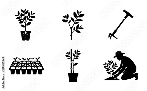 Gardening Icons Set: Planting, Seedlings, Tools, and Plants Vector Graphics for Horticulture and Agriculture