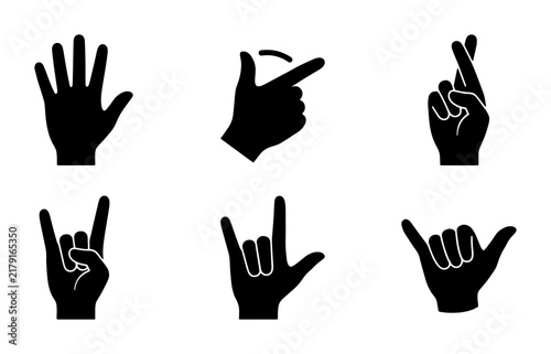Set of 6 Black Hand Gestures Icons, Vector Silhouettes for Communication and Expression, Modern Graphic Elements