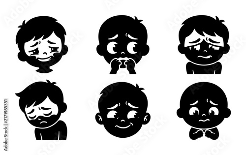 Sad Boy Faces Vector Icons, Emotional Expressions, Childhood Sadness, Crying Child Emotions, Distress and Grief, Vector Illustration Set