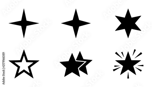 Six Black Star Icons, Vector Shapes, Geometric Symbols, Sparkle and Shine Graphics, Celestial Elements, Award Badges