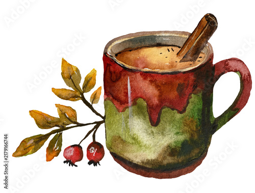 Hand-painted watercolor illustration of a cup of tea with a cinnamon stick and a rosehip branch with berries, isolated on a transparent background