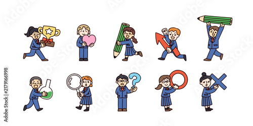 複数の学生たちと鉛筆や虫眼鏡など学習をイメージしたイラストセット