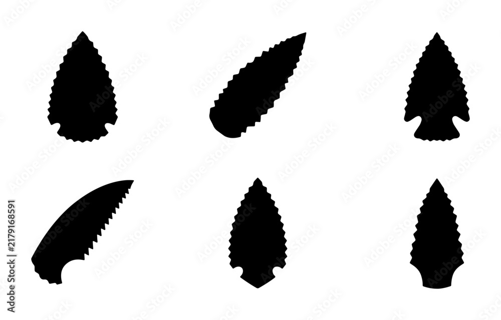 Obraz premium Set of Six Black Arrowhead Silhouettes, Ancient Stone Tools, Primitive Weaponry Icons, Historical Artifacts Collection