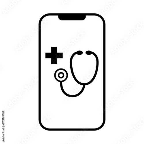 Online medical consultation icon, smartphone with stethoscope and cross symbol