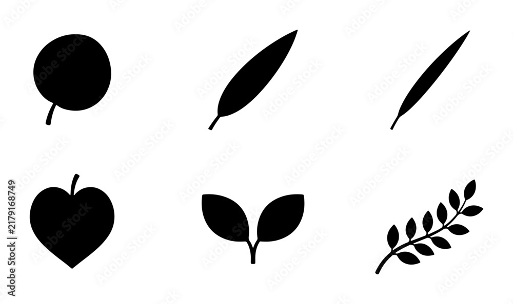 Fototapeta premium Minimalist Black Leaf Icons, Botanical Vector Set, Organic Plant Shapes, Nature Elements Collection