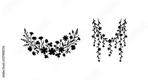 Floral Wreath Vector Elements, Botanical Garland Design, Delicate Flower Swag Graphics, Black and White Decorative Flourishes