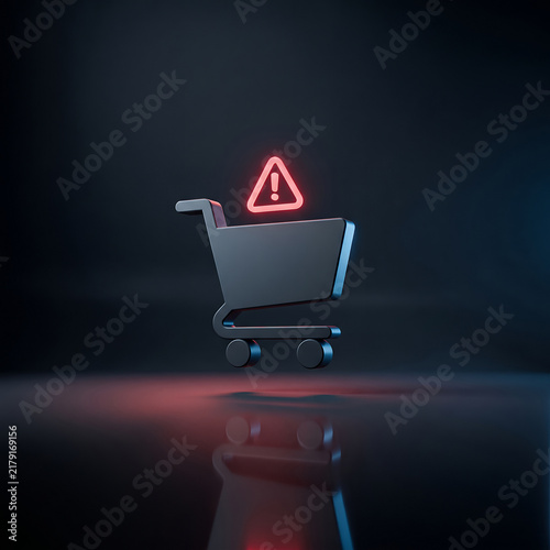 3D render of a shopping cart with a glowing red warning triangle representing e-commerce security alert and online fraud