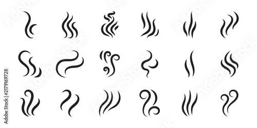 Steam and smoke aroma swirl line vector icon set with hot wind breeze vapor fire elements. Black steam icons set isolated on white background. Eps10.