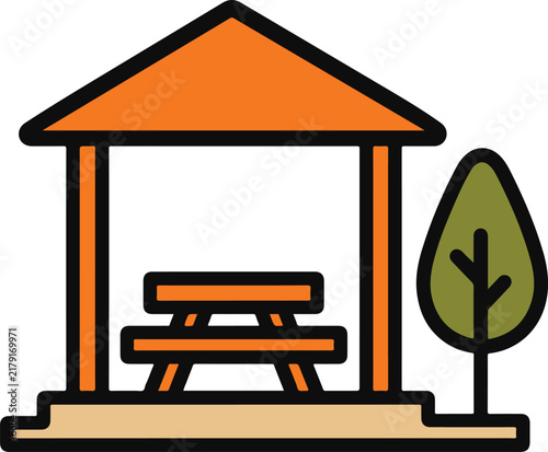 Park Gazebo with Picnic Bench Icon Isolated on White Background