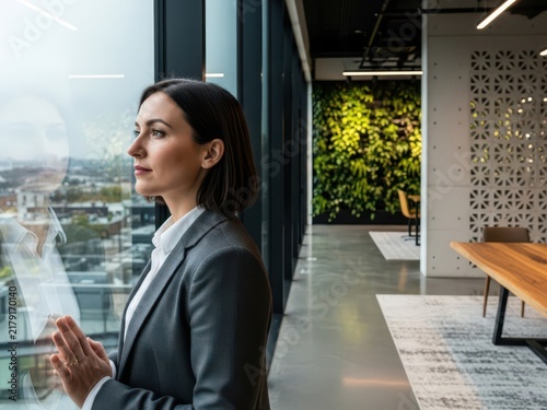 Woman looking out office window at city with plants