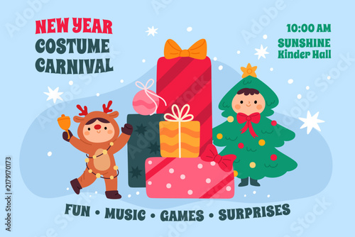 Christmas children party. Cute new year costume carnival, kids dressed as tree, reindeer, gift boxes, decorations, festive xmas costume, garish vector cartoon isolated entertainment concept