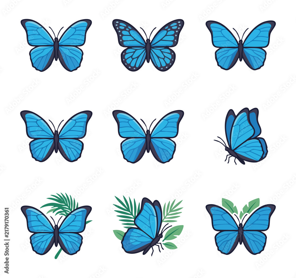 Obraz premium Collection of blue butterflies in various poses and surrounded by foliage