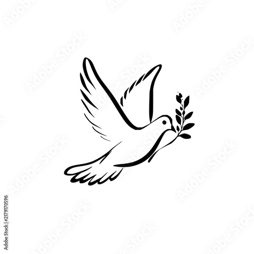 Flying dove carrying an olive branch with simple black outline on a white background image design