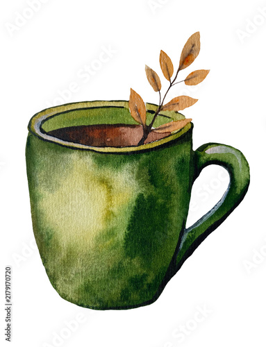 Hand-painted watercolor illustration of a green cup of coffee with an autumn branch, isolated on a transparent background