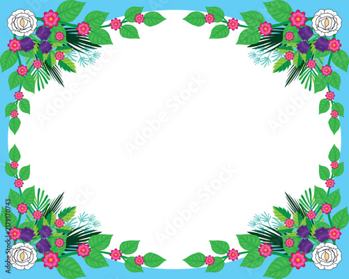 A tropical floral-themed vector frame or border design featuring a light blue background and an oval white empty space in the center.
