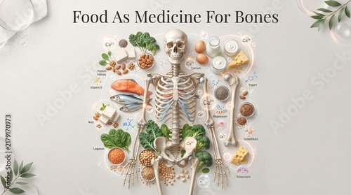 Human skeleton model surrounded by healthy food sources rich in essential vitamins and minerals for bone health
