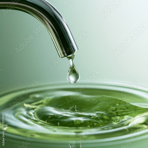 Clear water droplet falling from a stainless steel tap into a liquid surface