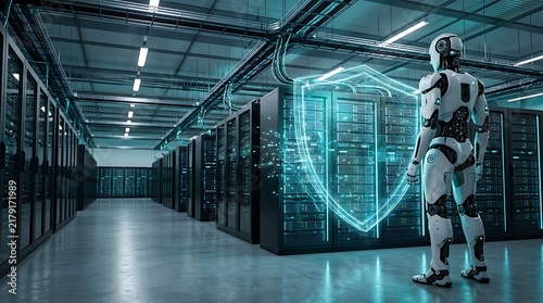 A futuristic robot standing in a modern data center protecting digital server racks with a glowing blue shield