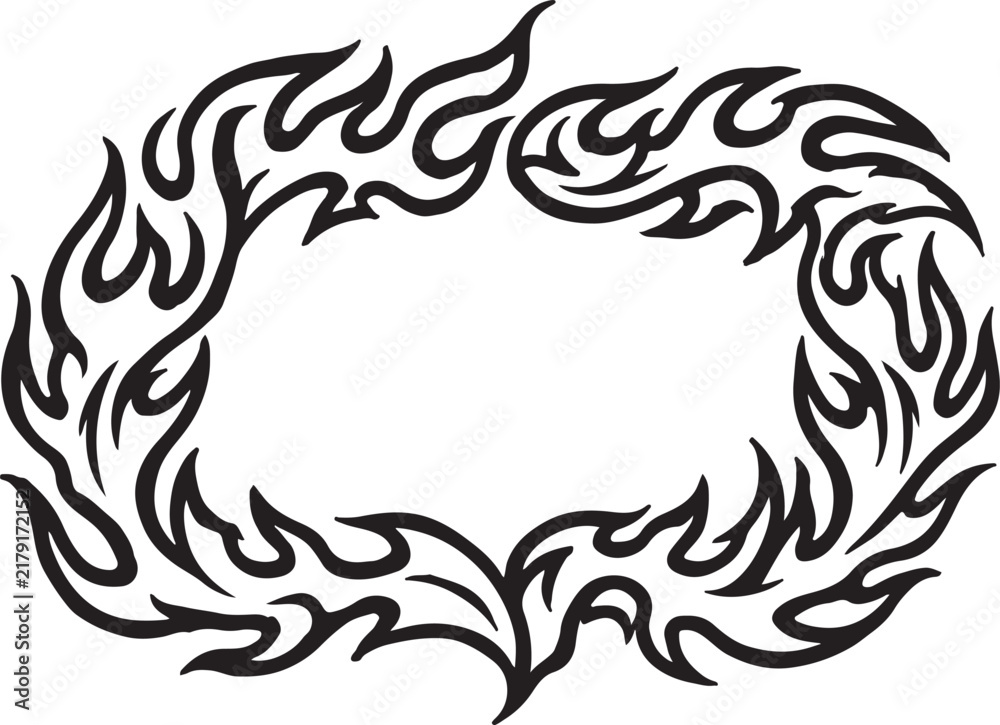 Fototapeta premium Decorative flame border frame with tribal and abstract swirling elements.
