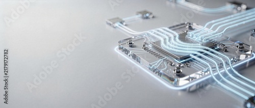 Fototapeta kuchenna 光電融合シリコンフォトニクス集積回路の3Dレンダリング コピースペース付き（21:9 Webヘッダー用）