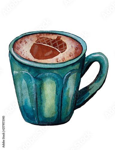 Hand-painted watercolor illustration of a turquoise cup of cocoa with an acorn design on the foam, isolated on a transparent background