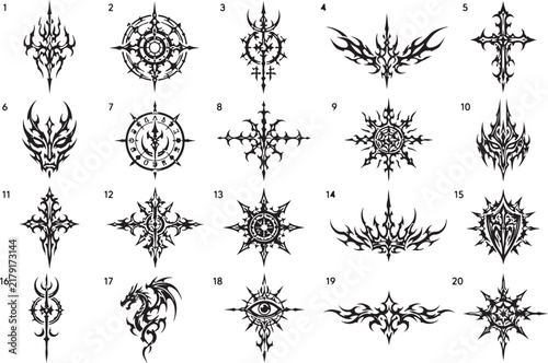 Tribal dark fantasy gothic symbols and occult sigils vector collection.