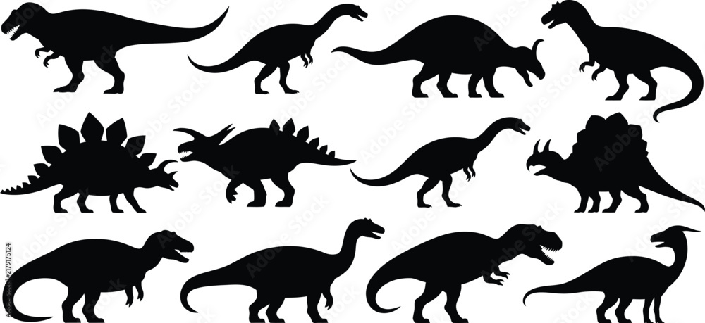 Fototapeta premium Assorted black silhouettes of various prehistoric dinosaurs, including t-rex, stegosaurus, and triceratops, isolated on a white background, for educational use
