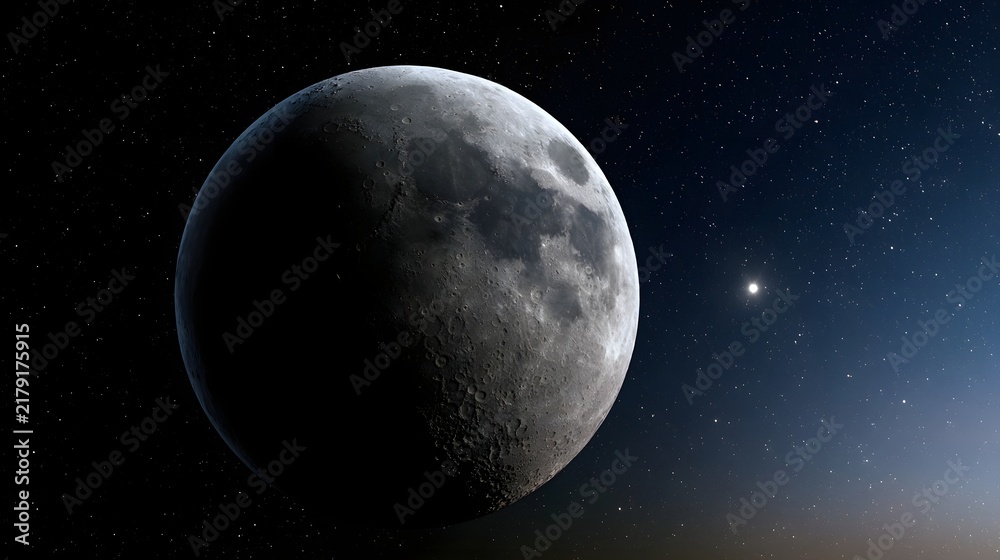 Fototapeta premium The moon dominates the night sky with its cratered surface illuminated by a distant star against a backdrop of countless stars