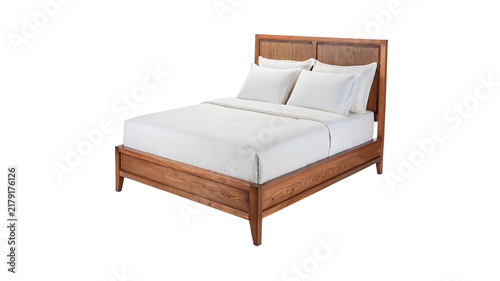 Bild auf Leinwand Double wooden bed with white sheets isolated on transparent background
