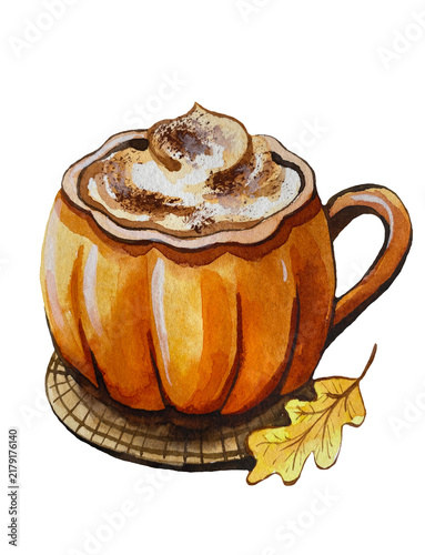 Hand-painted watercolor illustration of an orange cup of cappuccino with foam and an autumn yellow leaf, isolated on a transparent background