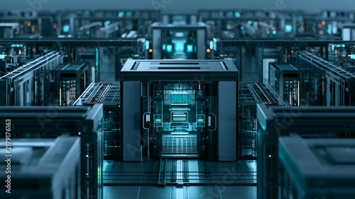 Enterprise Data Center Server Rack Infrastructure with Computing Systems for Cloud Technology, Network Operations, Data Processing, IT Infrastructure, Cybersecurity and Digital Enterprise Core Systems