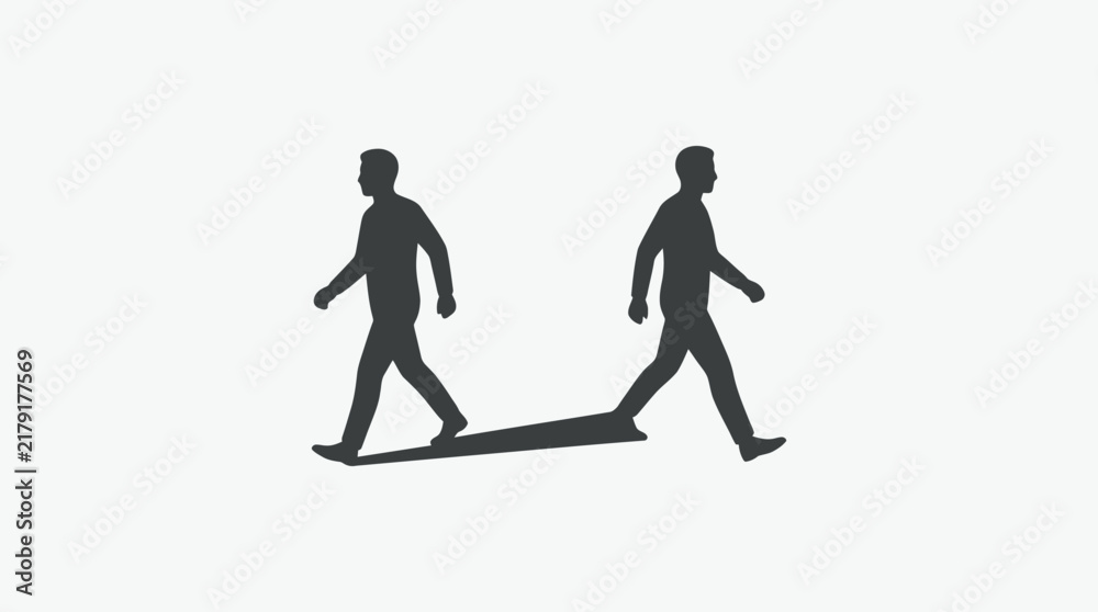 Fototapeta premium Silhouetted man walking is connected to his second self by a long cast shadow on white background.