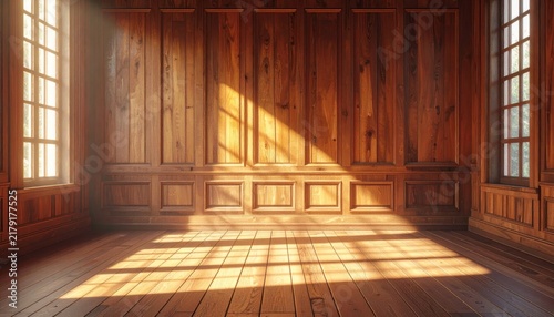 Rustic Interior of an Old Wooden House with Warm Brown Wood Walls, Floor, Door and Window, Cozy Traditional Architecture and Natural Light