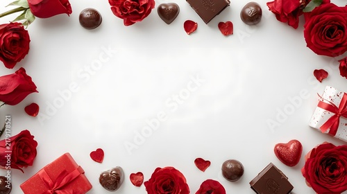 Valentine's Day ornaments arranged as a sleek decoration featuring red hearts and chocolate bars on either side, with copy space for text—perfect for greetings, invitations, or wallpapers 