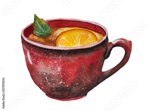 Hand-painted watercolor illustration of a dark red cup of tea with a lemon slice and mint leaf, isolated on a transparent background