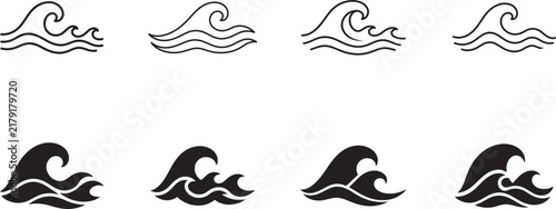 Water waves icon line art vector with bold outline and silhouette for ocean, nature and water usage.