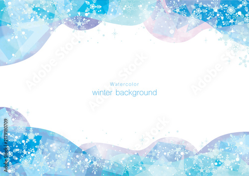 Fototapeta きらめく雪と水彩が彩る冬のブルーフレーム背景