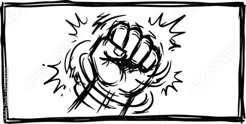 Comic book style clenched fist illustration with impact action lines inside a rectangular border comic punch impact effect hand gesture manga punch angry fist strength sign attack effect