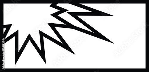 Comic book style sharp explosion burst effect in the corner of a rectangular frame with action burst sharp rays impact flash comic panel star burst graphic element black and white line art