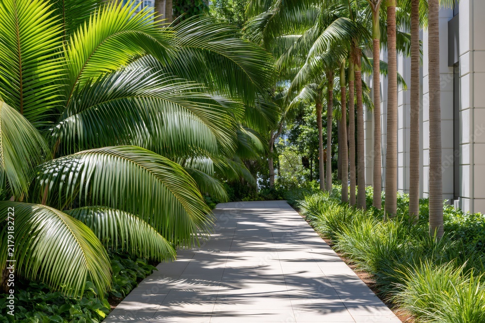Fototapeta premium Palm trees lining a modern outdoor pathway