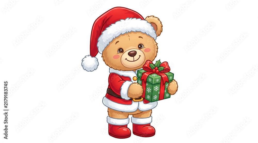 Fototapeta premium Cute Christmas Bear in Santa Costume Holding a Festive Gift