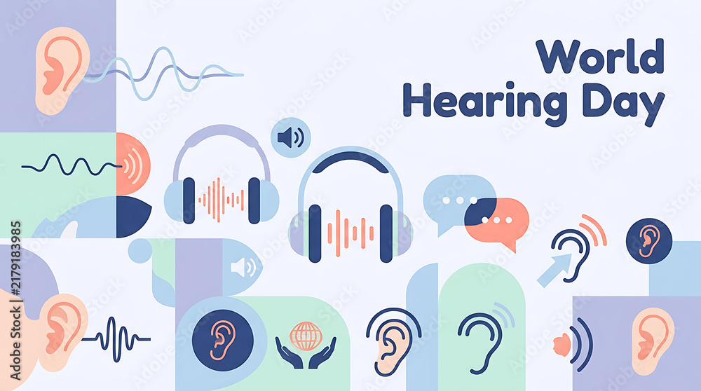 Obraz premium World Hearing Day celebration with graphic illustrations of ears and sound waves promoting awareness