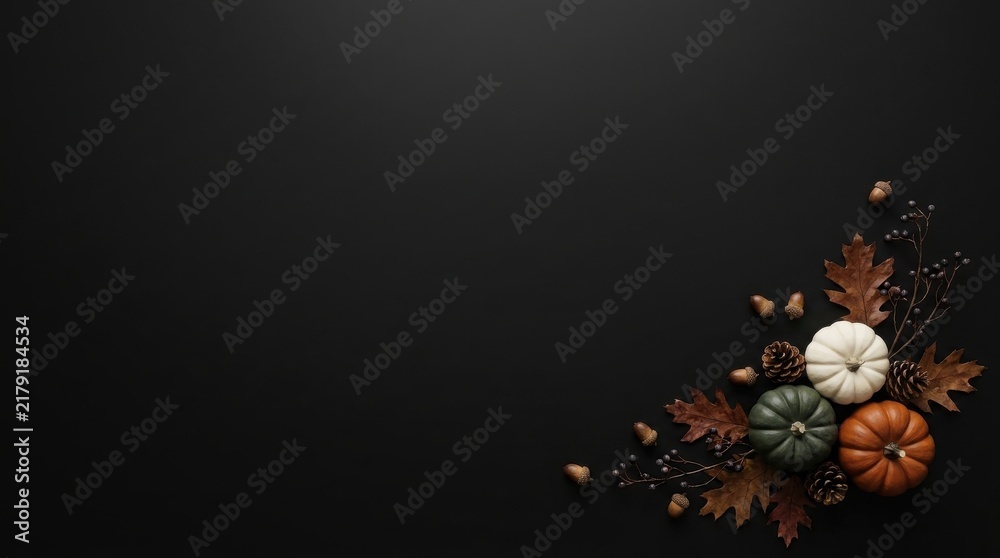 Obraz premium Autumn corner composition with pumpkins, pine cones, and acorns on a solid black table surface.