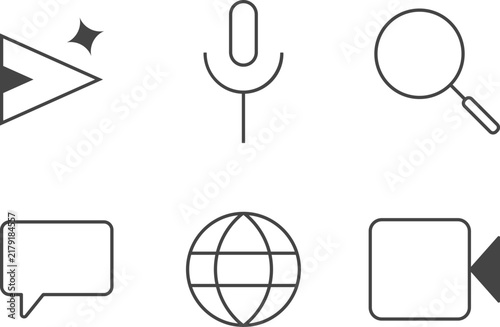 Modern digital communication and content creation icon set featuring search, Recording, Global Internet, Video media and online communication symbols