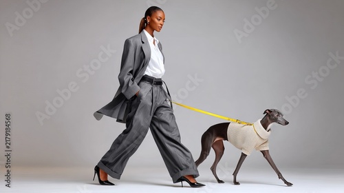 Woman walking dog in minimalist fashion studio setting