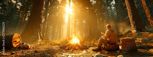Man Resting by Campfire in Sunlit Forest During Golden Hour