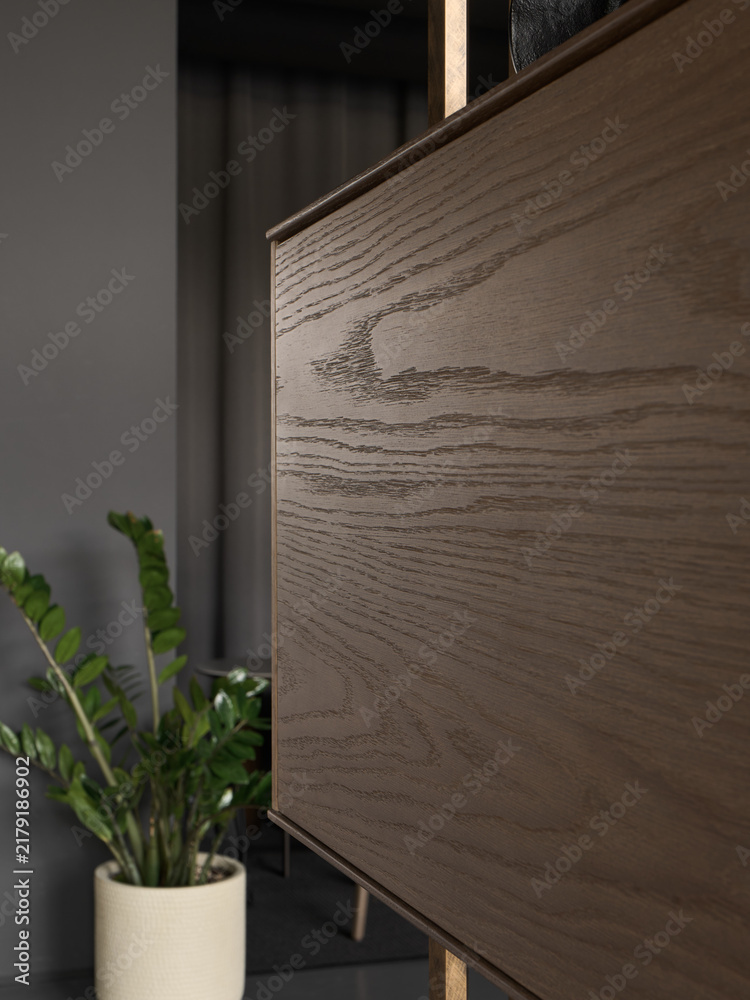 Obraz premium Detail of a dark wood cabinet in a modern interior