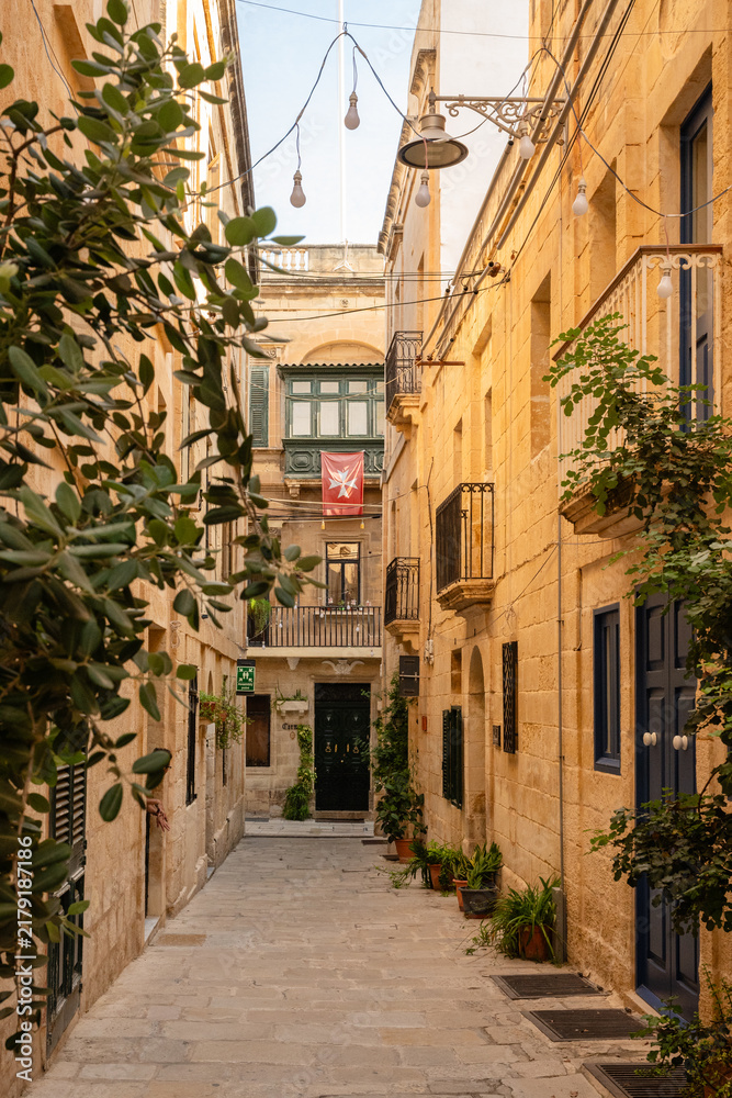 Fototapeta premium Charming narrow sunlit alleyway in old Malta