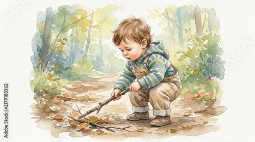 Young boy exploring nature and playing with a stick in the forest  