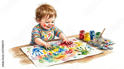 Happy toddler finger painting on paper with colorful paints  